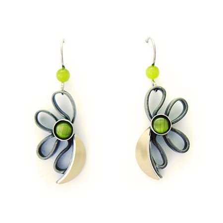 Green Catsite Brushed Two-tone Flower Dangles by Crono Design - Click Image to Close